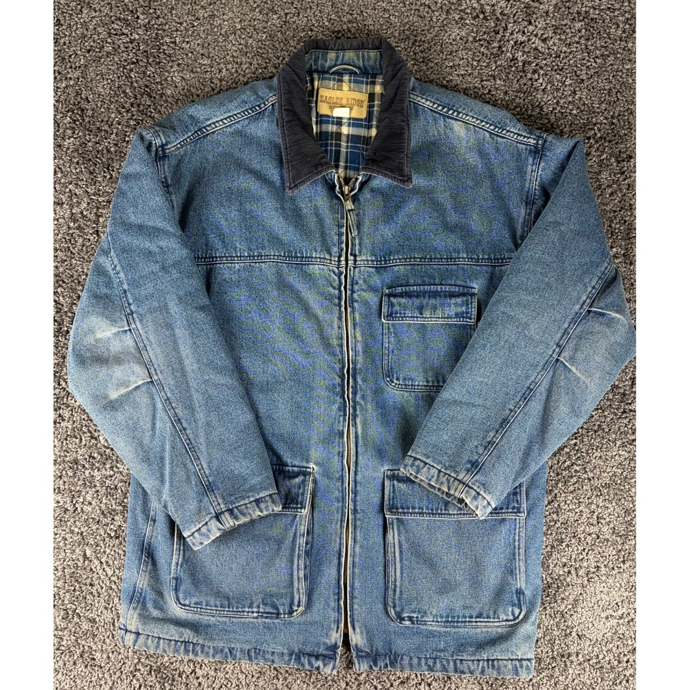 Vintage Eagles Ridge Denim Barn Jacket L Plaid Lined Corduroy Collar Chore Coat